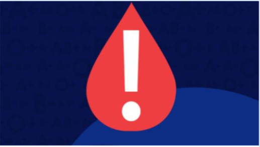 Red blood drop with an exclamation point inside of it on a blue background.